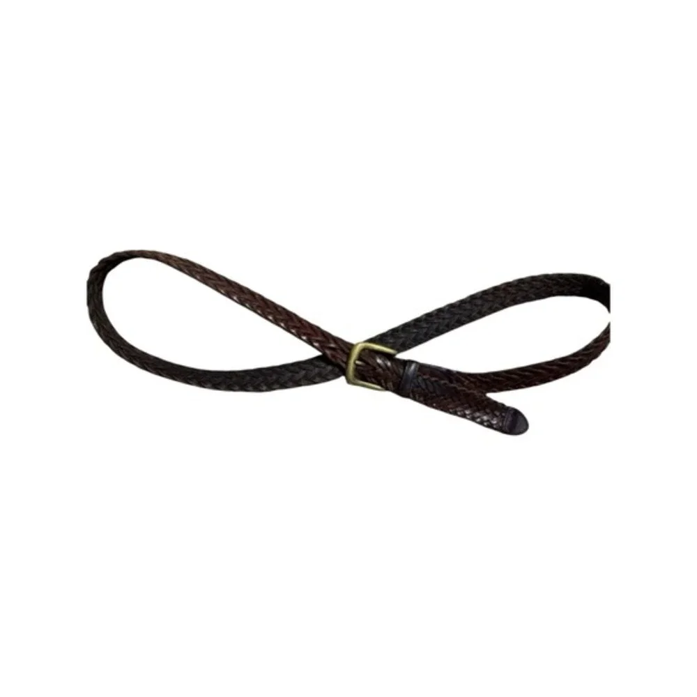 Woven Braided Brown Leather Belt - Genuine Leather - Antique Brass Buckle - 40